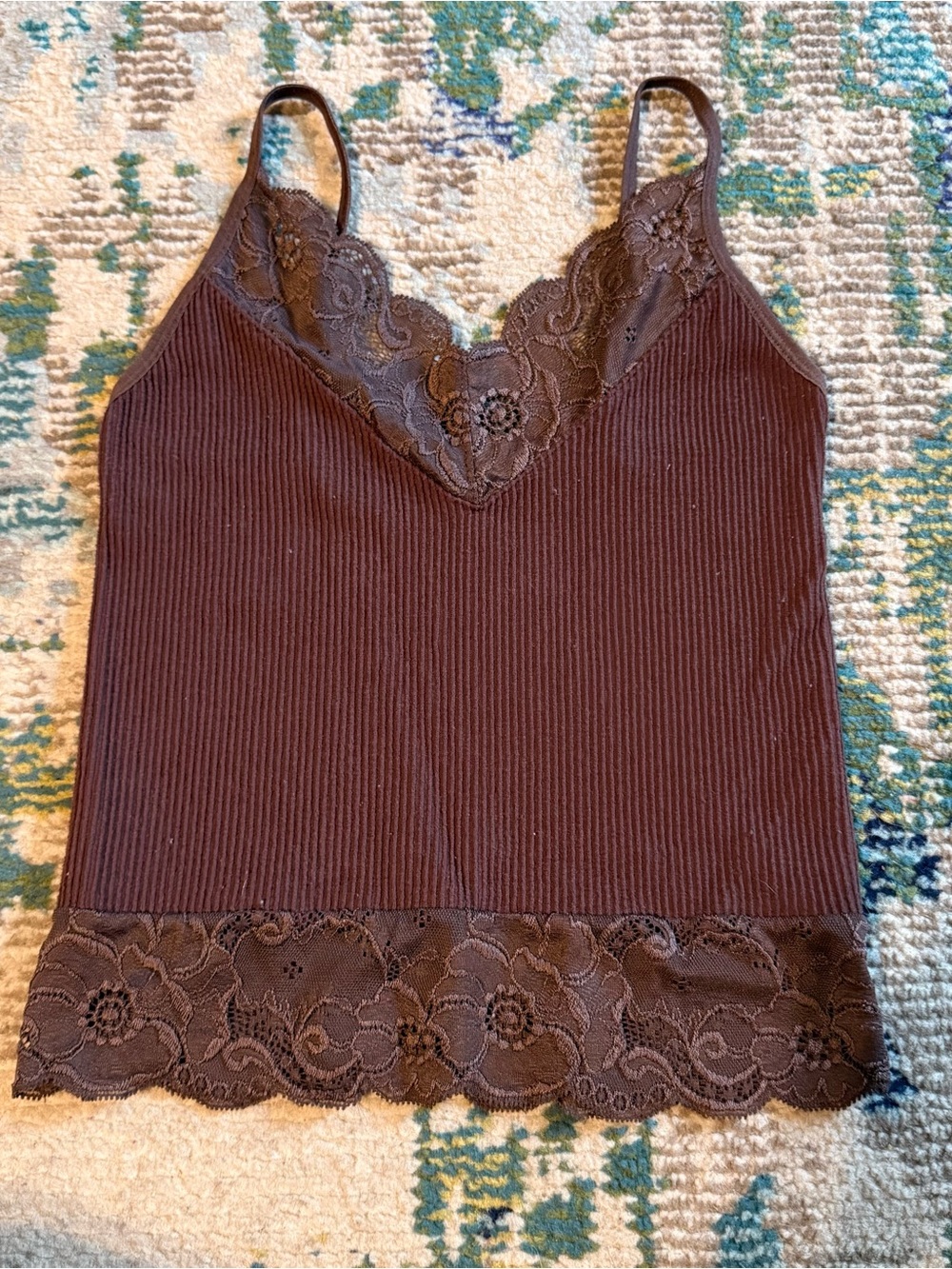 T.J.Maxx Brown Ribbed Lace-Trim Camisole